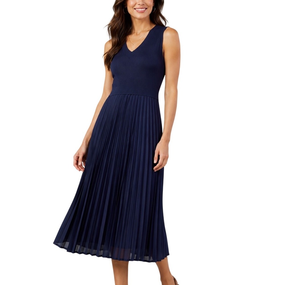 Current Air Cari Dress Ribbed Contrast Sleeveless Pleated Midi Navy Blue Size L